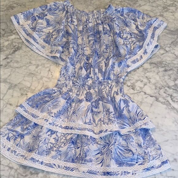 NWOT MELISSA ODABASH Floral Blue and White Off Shoulder Dress S - Picture 1 of 7